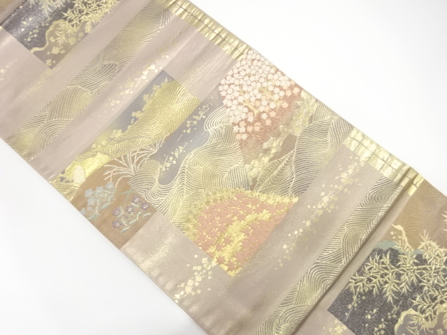 変わり色紙に波・花模様織出し袋帯